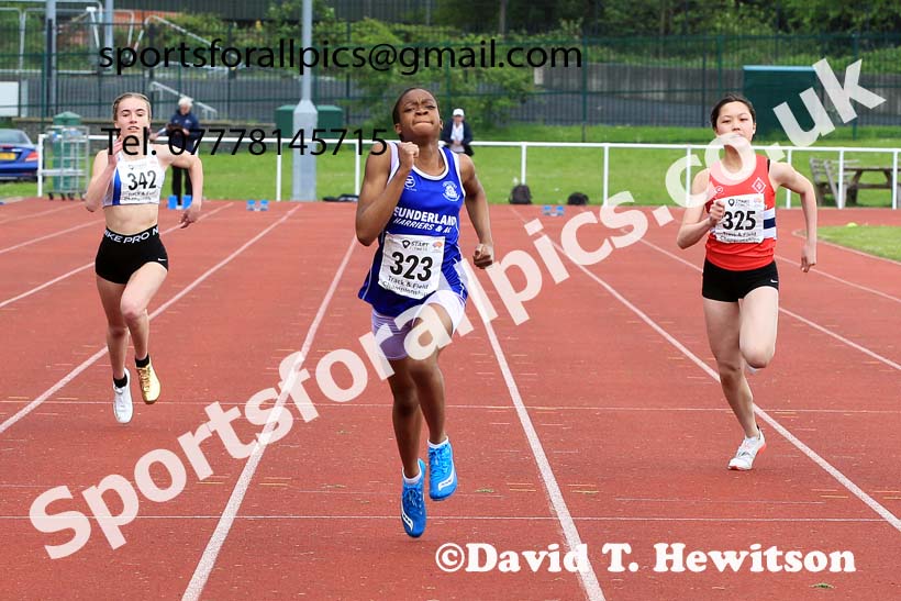 Girls Under-15s 100 metres, 2023 North Eastern Track and Field Champs., Middlesbrough Sports Village, Middlesbrough. Photo: David T. Hewitson/Sports for All Pics
